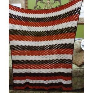 Vintage Crocheted Grannycore‎ Blanket Throw Afghan Brown Orange White 55x66
